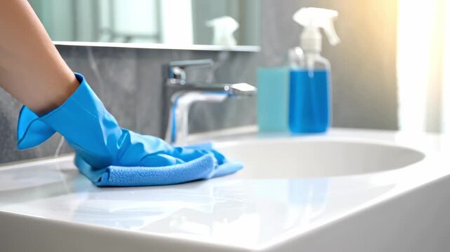 Detailed close-up footage of cleaning a bathroom sink and tiles.