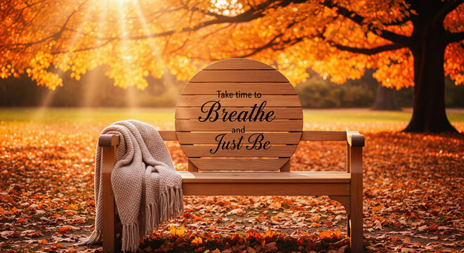 Park bench in a sunny autumn park with the inspirational quote "Take time to Breathe and Just Be". Concept of mindfulness, relaxation, and mental health.