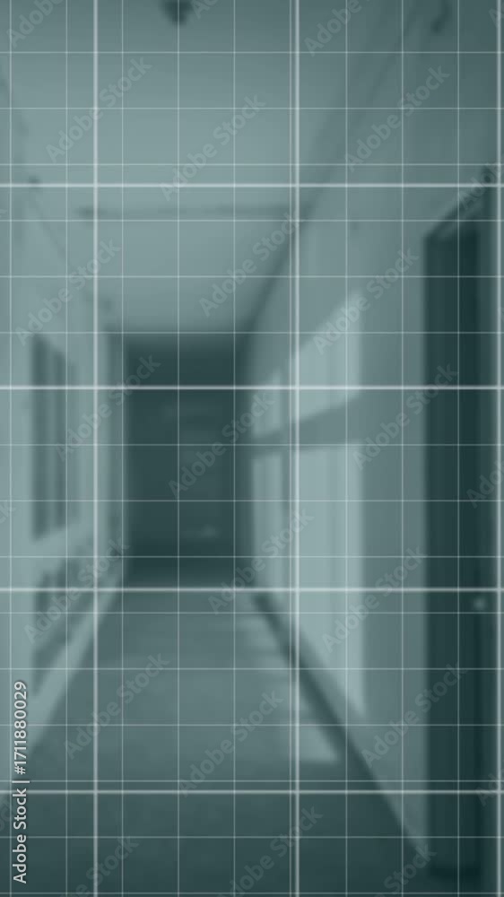 Poster animation of financial graphs and globe over empty corridor