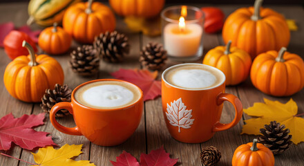 Two cups of coffee on a rustic table with autumn decorations like pumpkins and leaves. Cozy fall season concept for a warm coffee break.