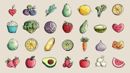 Colorful hand-drawn fruits and vegetables collection