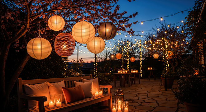 Cozy backyard patio decorated with lanterns, string lights, and candles for an evening party. Romantic and inviting garden ambiance at dusk.