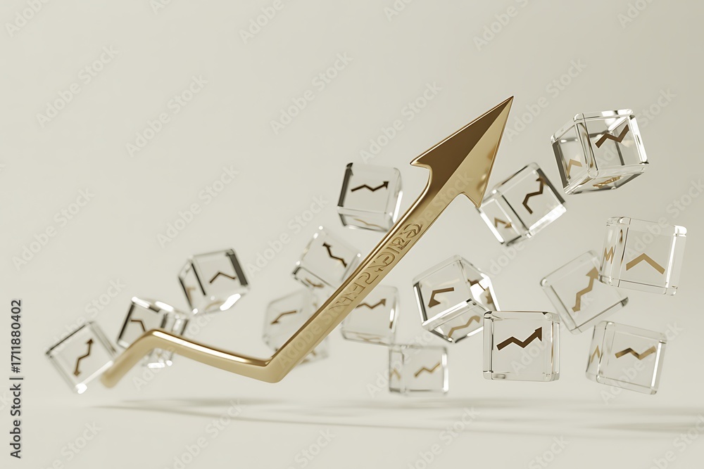 Aufkleber golden arrow graph pointing upwards surrounded by transparent cubes with growth charts keywords: arr