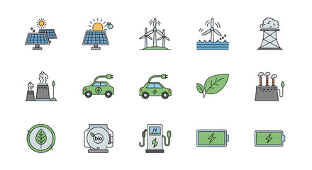 Modern renewable energy and sustainability icons showing solar, wind, electric cars and clean power generation