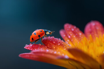 A close-up of a ladybug covered in water droplets perched on the vibrant red and orange petals of a flower against a dark blurred background