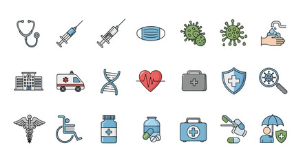Modern medical icons for healthcare, wellness, and disease prevention, offering essential symbols