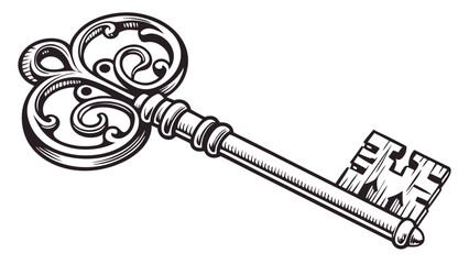 Ornate Vintage Key Design Antique Key Illustration Black and White Key Graphic Decorative Key Image for Logo Retro Key Clipart Detailed Key Drawing Hand Drawn Key Sketch Vector Key Art El.