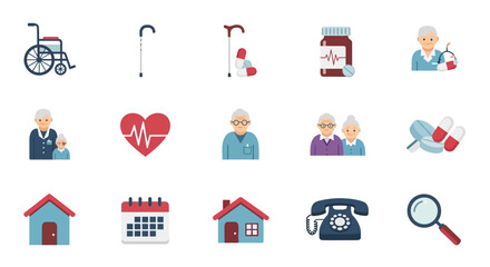Essential senior care icons including wheelchair, cane, medication, and health symbols for support services