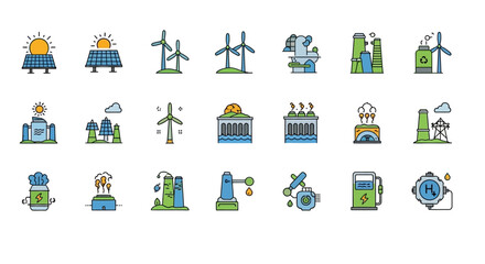 Vibrant collection of modern renewable energy icons, illustrating clean power sources for a sustainable future.