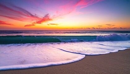 Sunset over ocean waves on beach
