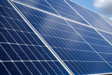Close-up of blue photovoltaic solar panels with defined grid lines, engineered for efficient sunlight absorption and long-term outdoor renewable energy generation