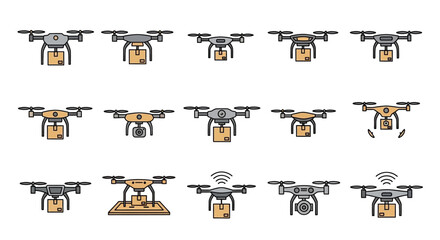 Modern drones deliver packages and capture aerial views in vibrant icon set