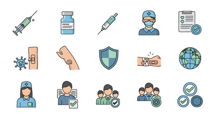Medical icons for vaccination, healthcare, and global health protection, showing syringes, vials, doctors, and a virus