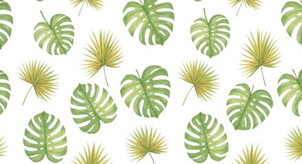 Watercolor Tropical Leaves Seamless Pattern on White Background.