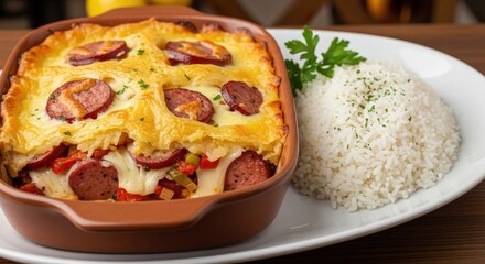 A baked dish with sausage and vegetables, served with a side of white rice on a white plate.