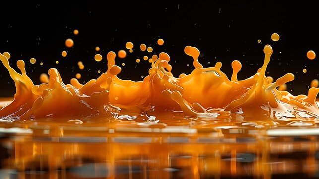 Dynamic orange liquid splash captured mid-air with vibrant droplets and reflections - Powered by Adobe