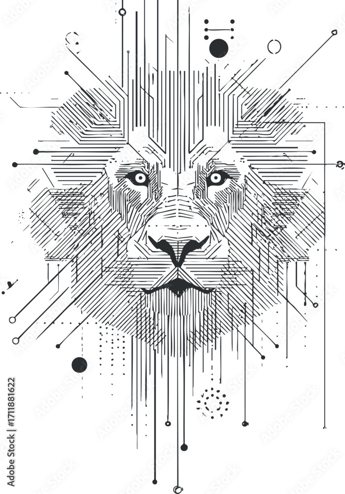 Poster a modern abstract illustration featuring a lion's face with circuit-like lines and geometric pattern