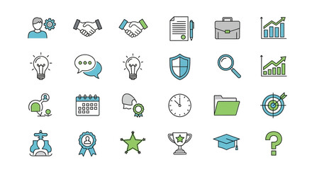 Essential business icon set for professional presentations and website design elements, modern and clean