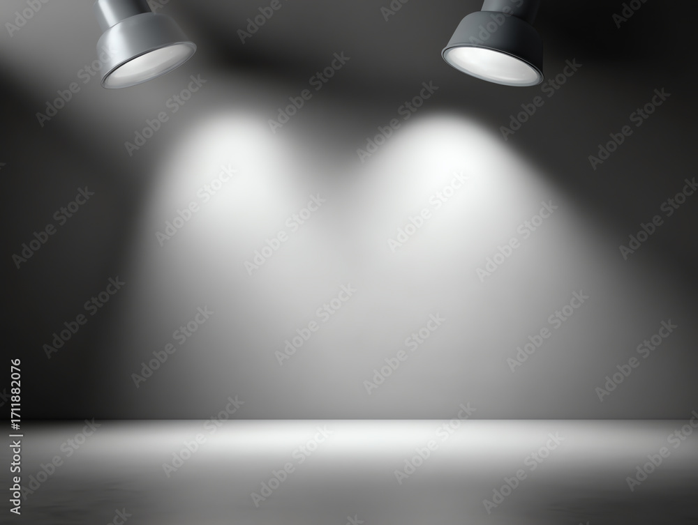 Poster two overhead spotlights shine bright white light onto a smooth, empty gray surface and wall, creatin