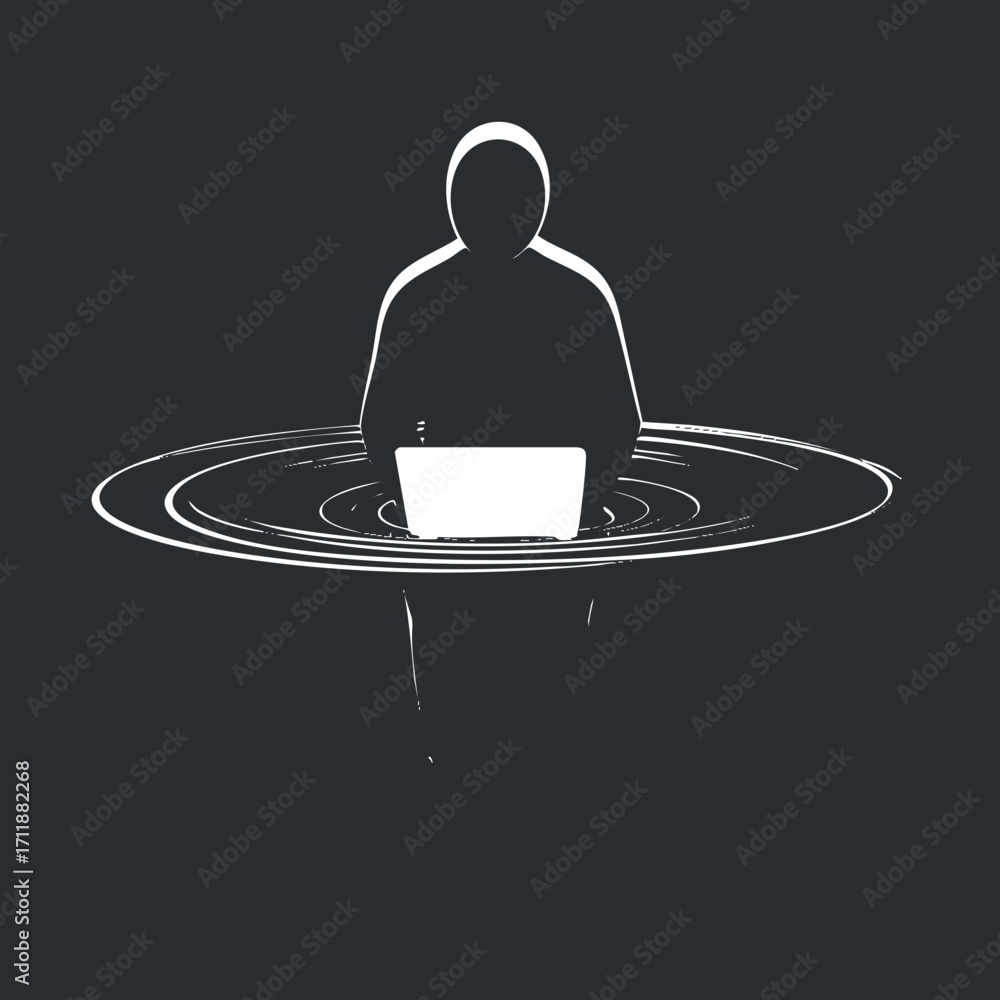 Aufkleber a silhouette of a person using a laptop surrounded by abstract circular waves representing digital c
