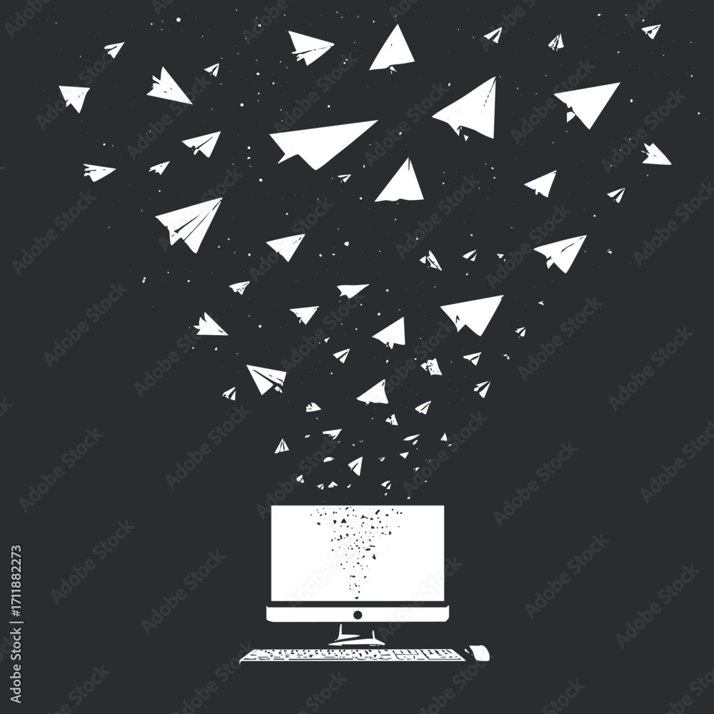 Aufkleber a creative illustration of paper airplanes emerging from a computer, symbolizing communication and i