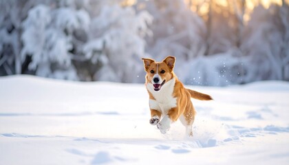 An energetic, happy dog runs joyfully through fresh snow in a sun-drenched winter scene