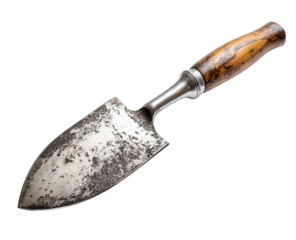 Closeup of a small garden trowel isolated on transparent background, featuring a wooden handle and a metal blade covered in dirt, ideal for planting and gardening tasks