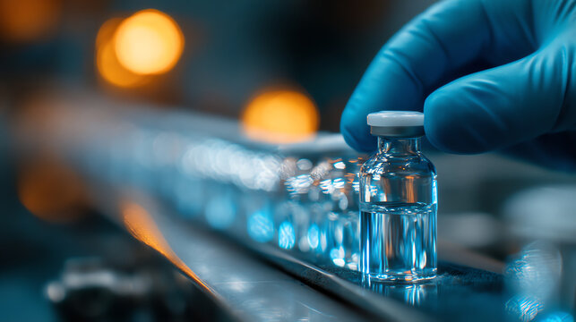 A gloved hand holds a vaccine vial on a production line with multiple vials, highlighting pharmaceutical manufacturing and vaccine distribution processes