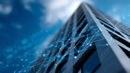 A low-angle view of a modern glass building with a digital network overlay, representing technology and connectivity in urban architecture