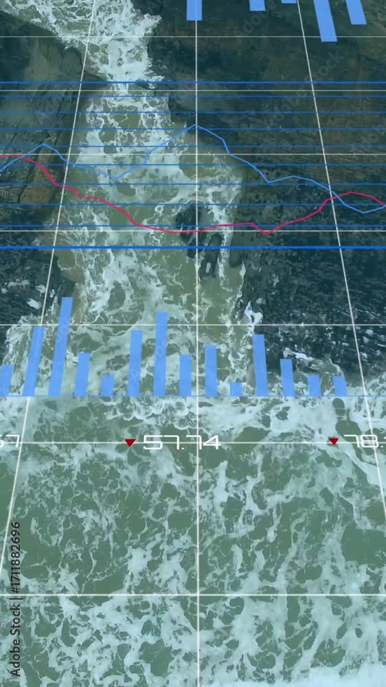 Poster animation of infographic interface over aerial view of waves splashing in ocean