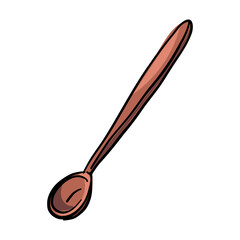 Copper long teaspoon for stirring drinks in long glasses and mugs. Color illustration on white. The metal spoon is thin and long. Stiring drinks, adding sugar, and more