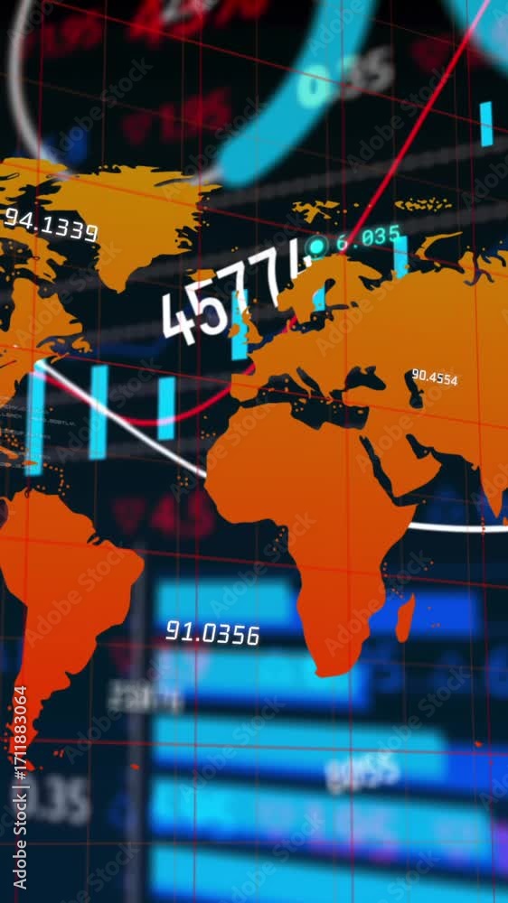 Aufkleber animation of graphs, trading board and increasing numbers over map against black background