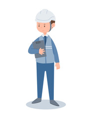 Industrial engineer in helmet holding clipboard for workplace planning and documentation vector illustration isolate on white background.