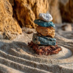 Stacked stones in sand, serene scene