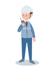 Industrial engineer in helmet using walkie talkie for workplace communication and coordination vector illustration isolate on white background.