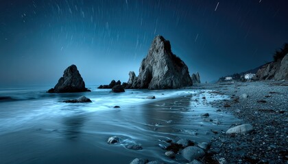 Coastal rocks at night under starry sky