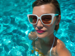 Naklejka premium Young woman wearing large white sunglasses and pink lipstick, relaxing in a bright blue swimming pool on a sunny day