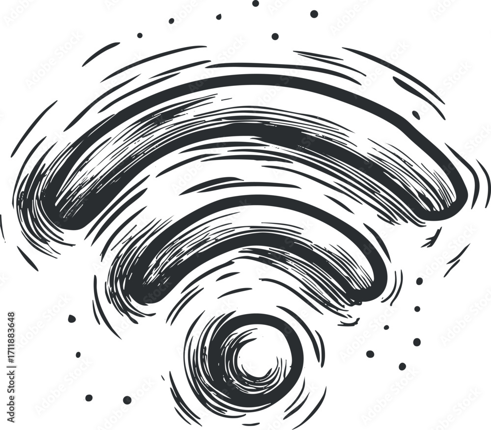 Poster abstract wifi signal icon with stylized lines and dots representing wireless connectivity.