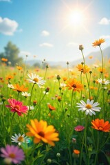 A sun-drenched field of wildflowers swaying gently in the breeze, embodying carefree joy and serenity Perfect for illustrating concepts of peace, contentment, and inner happiness , summer, tranquil