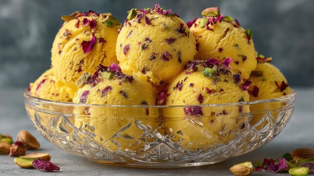 Persian saffron ice cream from Iran is rich and aromatic, served in a vintage glass bowl, garnished with rose petals and crushed pistachios, creamy, colorful, and visually appealing.