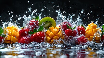 Vibrant strawberries mango and kiwi splash into refreshing water creating dynamic healthy lifestyle visuals