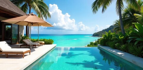 A stunning private villa overlooking a turquoise ocean, complete with infinity pool and lush tropical gardens  Perfect for an unforgettable luxury escape ,  travel,  sun,  sunset