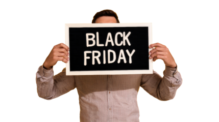 Exciting Black Friday shopping announcement for festive sales on a transparent background, cut out