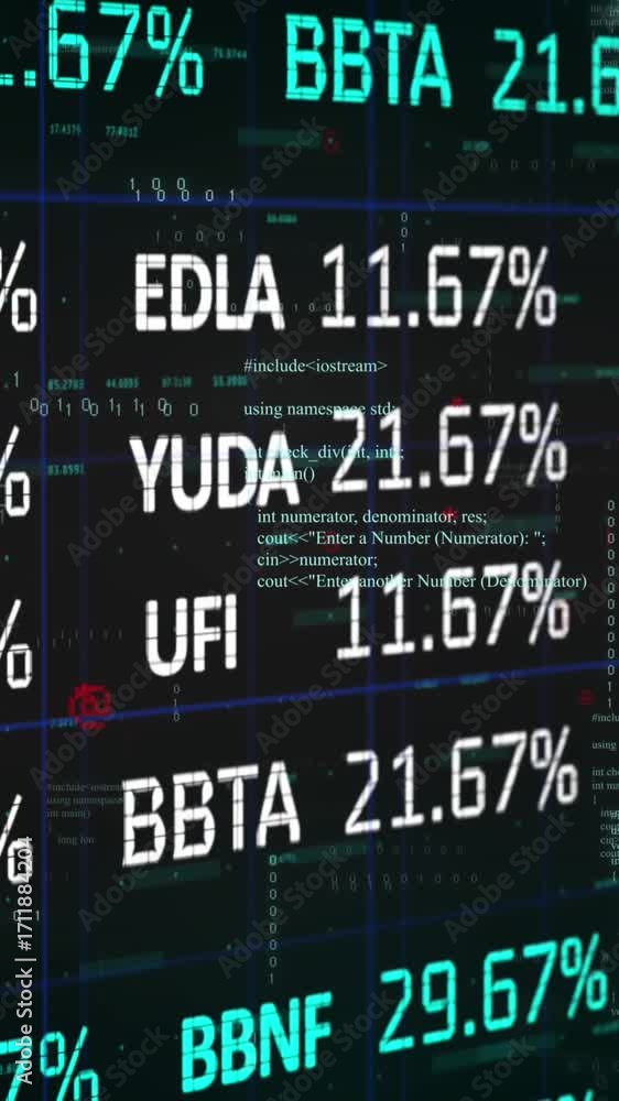 Poster animation of stock market data processing over grid network against black background