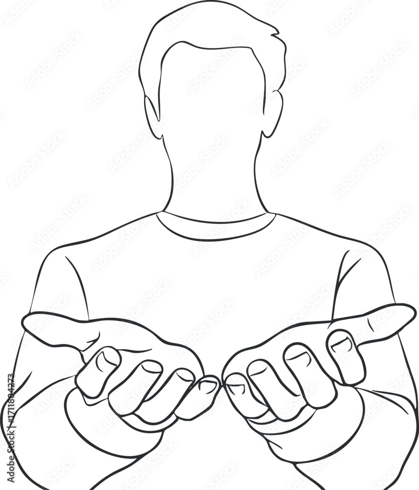 Poster An outline illustration of a person with open hands expressing invitation and communication.