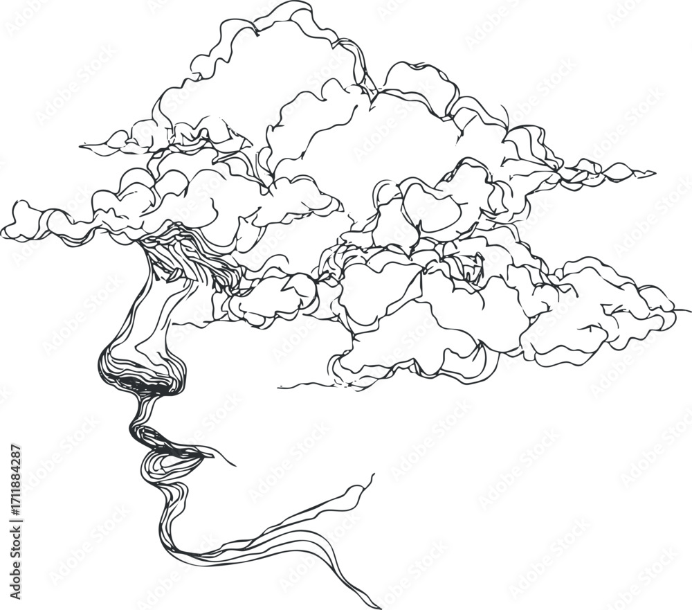 Poster an abstract line art illustration of a face merging with clouds, symbolizing thoughts and dreams.