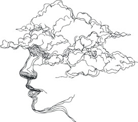 Obraz premium An abstract line art illustration of a face merging with clouds, symbolizing thoughts and dreams.