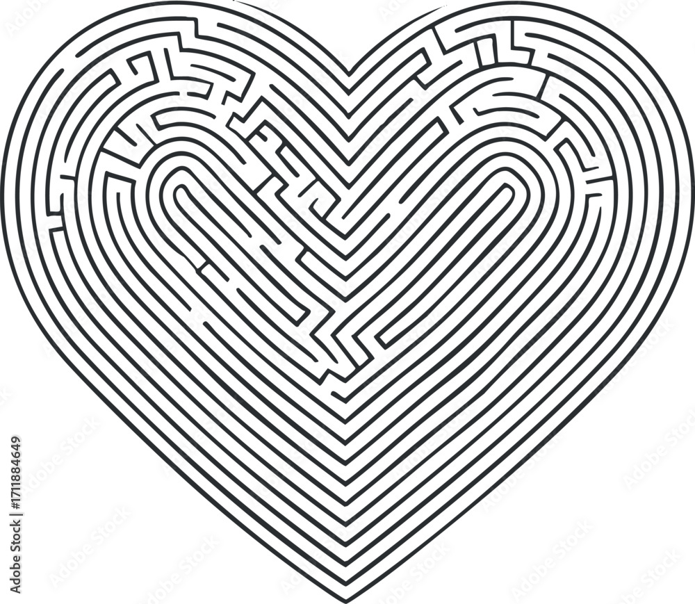 Poster an intricate heart-shaped maze design featuring detailed lines and pathways for artistic and decorat