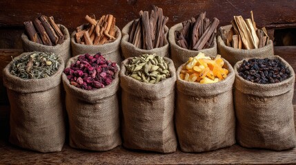 Variety of spices in burlap bags on wooden shelf