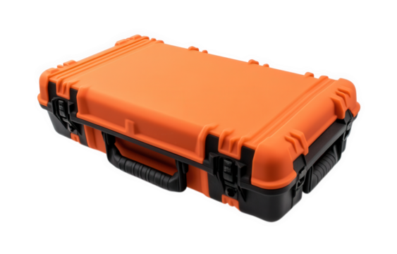 Orange hard case isolated on transparent background, a durable and protective container designed for safeguarding valuable equipment during transport and storage, ensuring safety